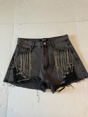 Blue B Black Distressed Denim Shorts with Chain Fringe